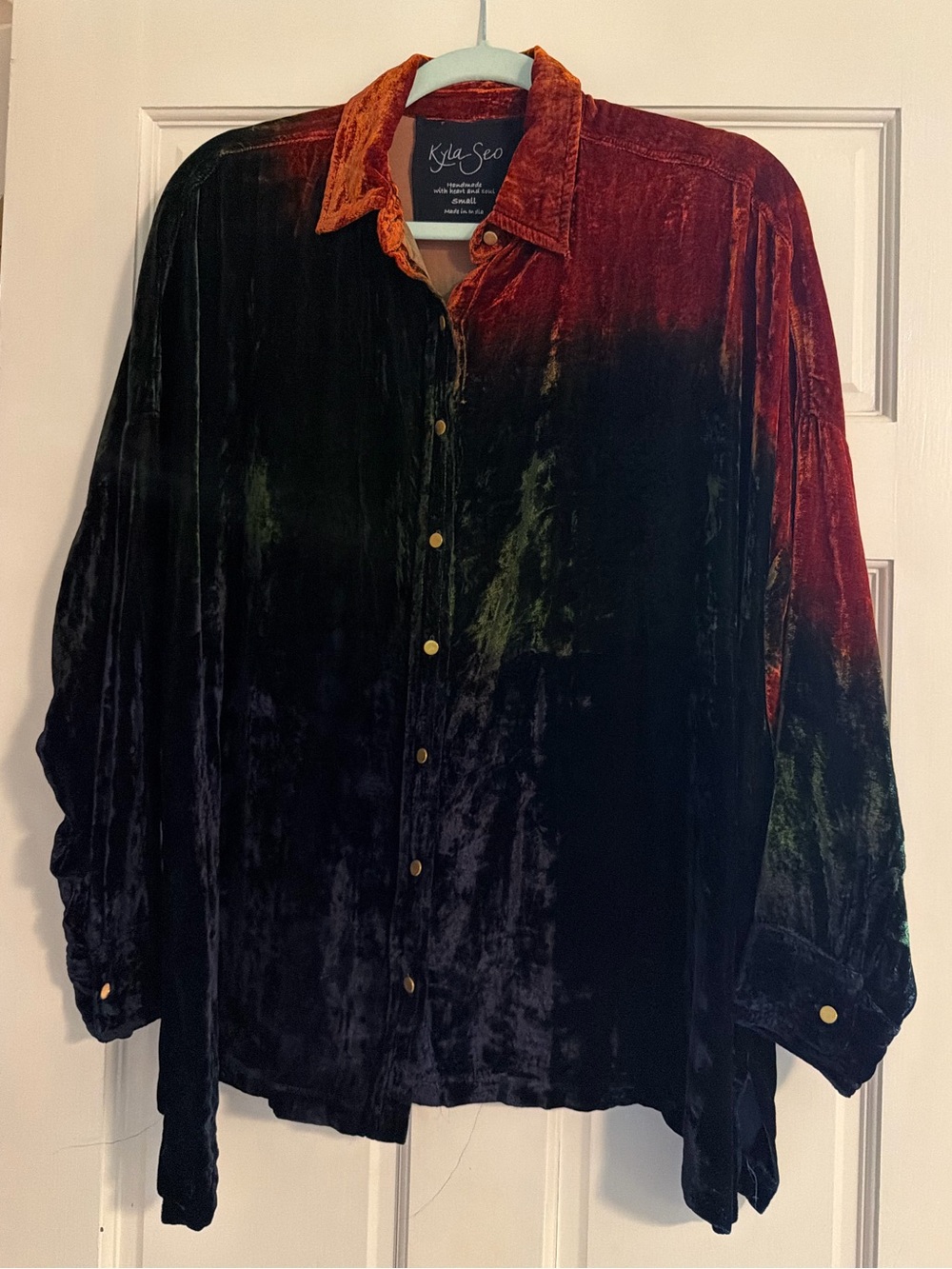Women’s Velvet Ombré Button-Up Shirt Jacket in Orange, Green, & Blue